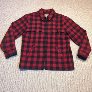 LL Bean Wool Cruiser Full Zip Jacket Mens Medium Red Buffalo Plaid Outdoor